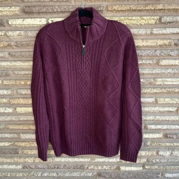 Jos. A Banks Men's Plum Purple 1/4 Zip Cable Knit Lambswool Blend Sweater Size L - Picture 1 of 6